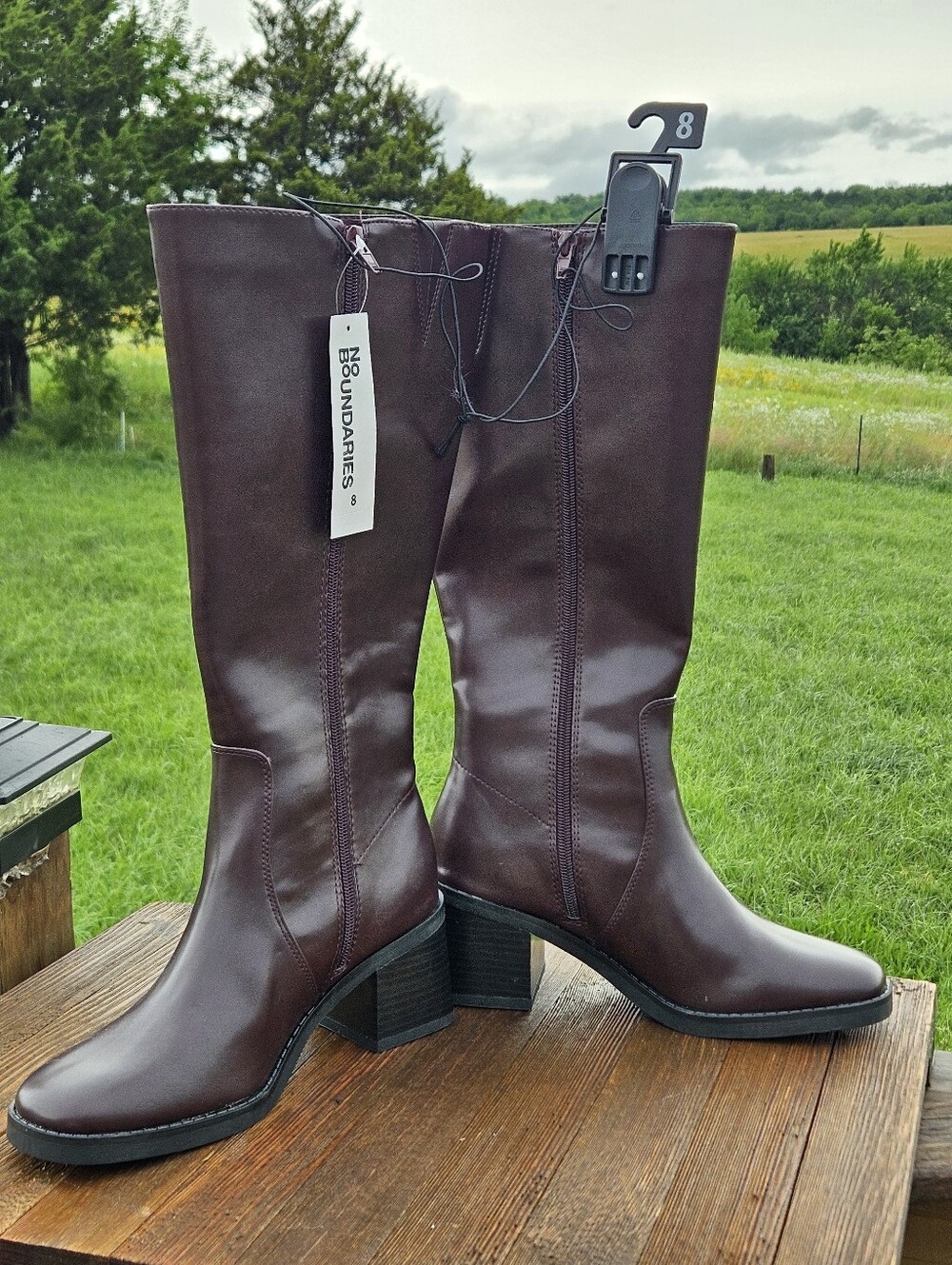 Burgundy Knee High Riding Boots Women's 8 Block Heel Faux Leather